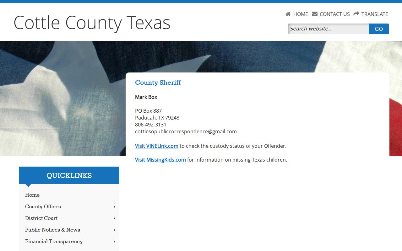 Cottle County Sheriff contact source for arrest history requests