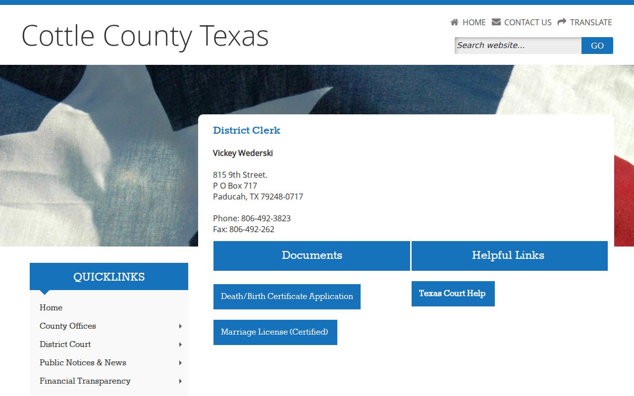 Cottle County District Clerk criminal court records contact page