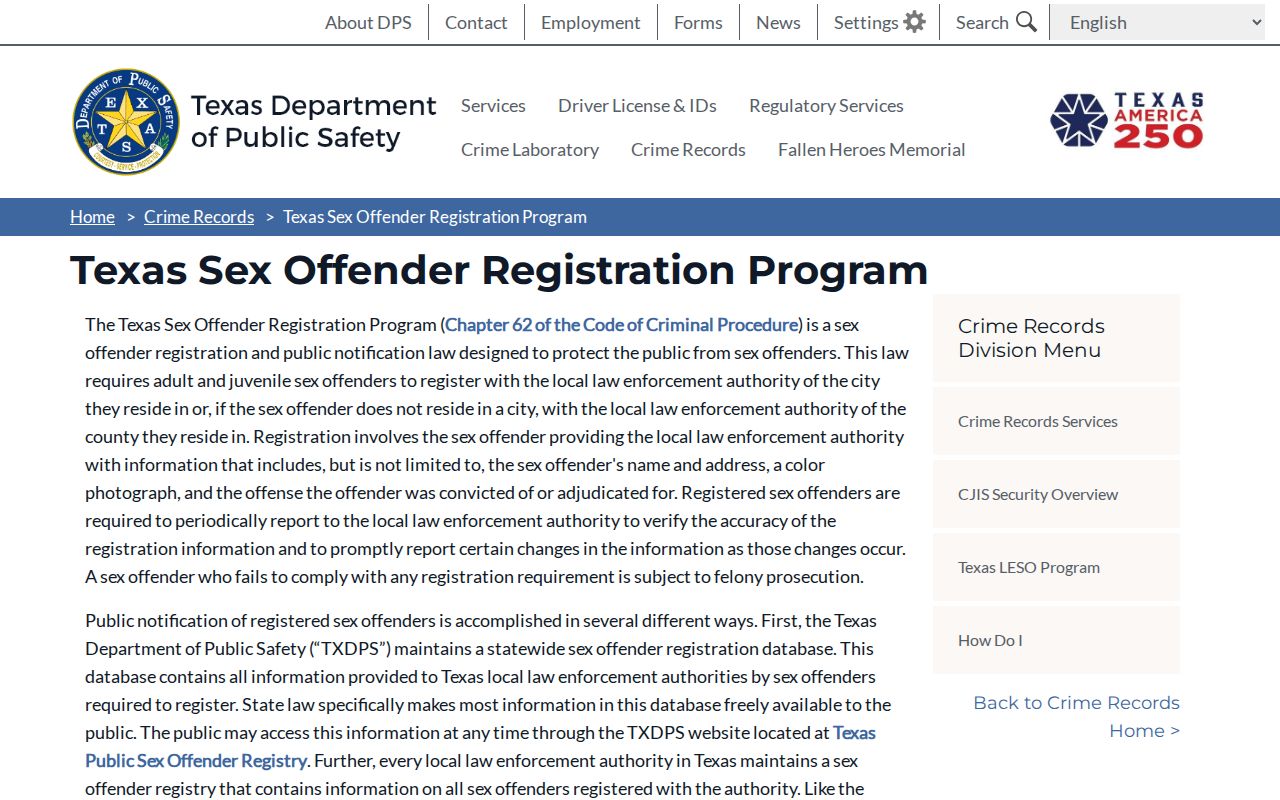 Cottle County sex offender registry program overview from Texas DPS