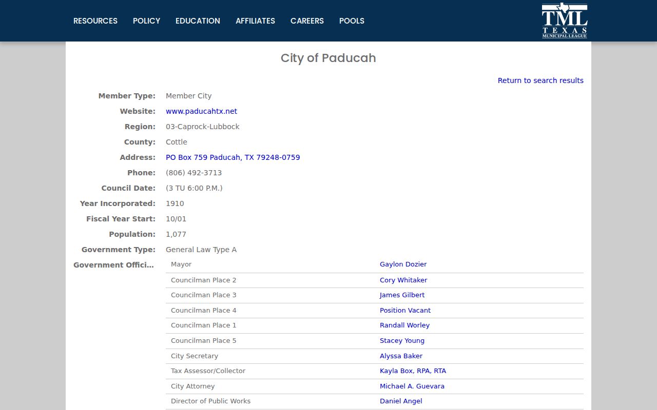 Paducah criminal history access through the Texas Municipal League city profile