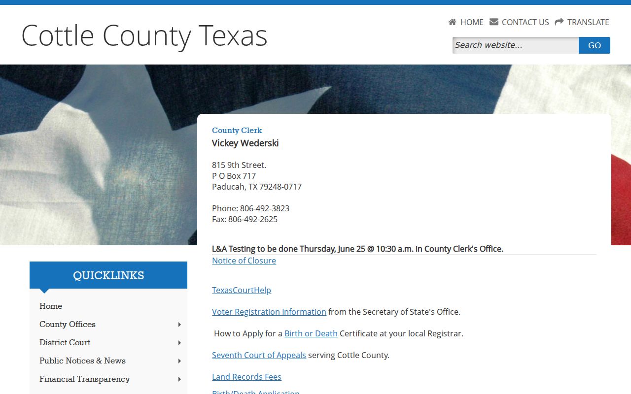 Cottle County criminal court record clerk contact page